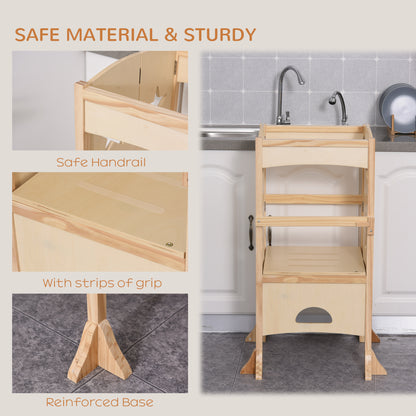 Step Stool with Support Handles Safety Rail Non-Slip Hardwood Stepping Stool for Kids Toddlers Counter Step Natural