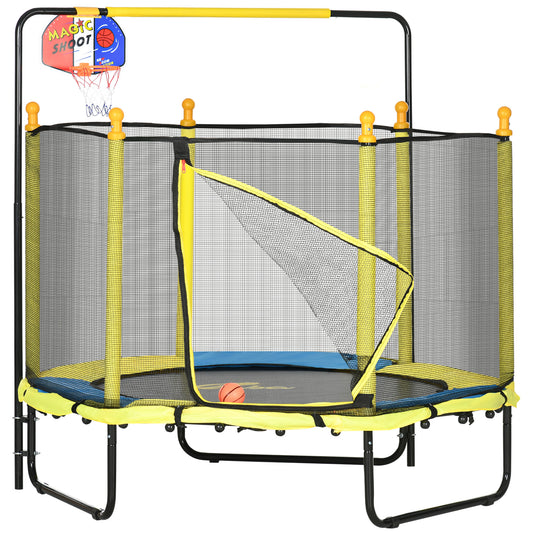 4.6ft Kids Trampoline with Basketball Hoop, Horizontal Bar with Net for Children Ages 3-10, Yellow Kids Crystal