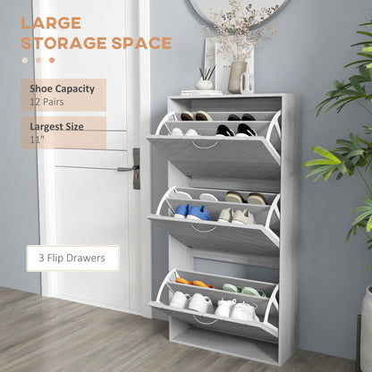 Narrow Shoe Storage Cabinet: 3 Flip Drawers, Slim Design, 12 Pair Organizer for Hallway, Entryway