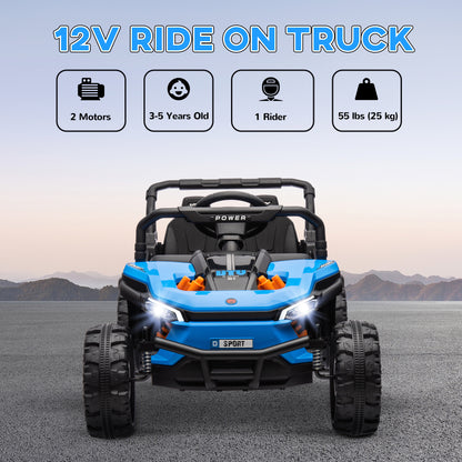 12V Kids Ride On Car, Toy Truck with Remote Control, Spring Suspension, LED Headlights, 3 Speeds, Blue