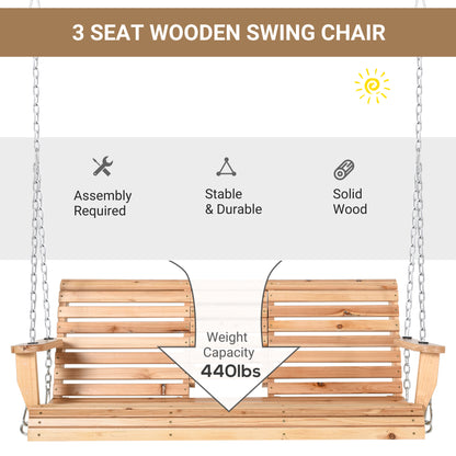 3-Seater Patio Swing Chair with Foldable Table & Cup Holders, Durable Wood Porch Swing, Steel Chains, Natural Finish