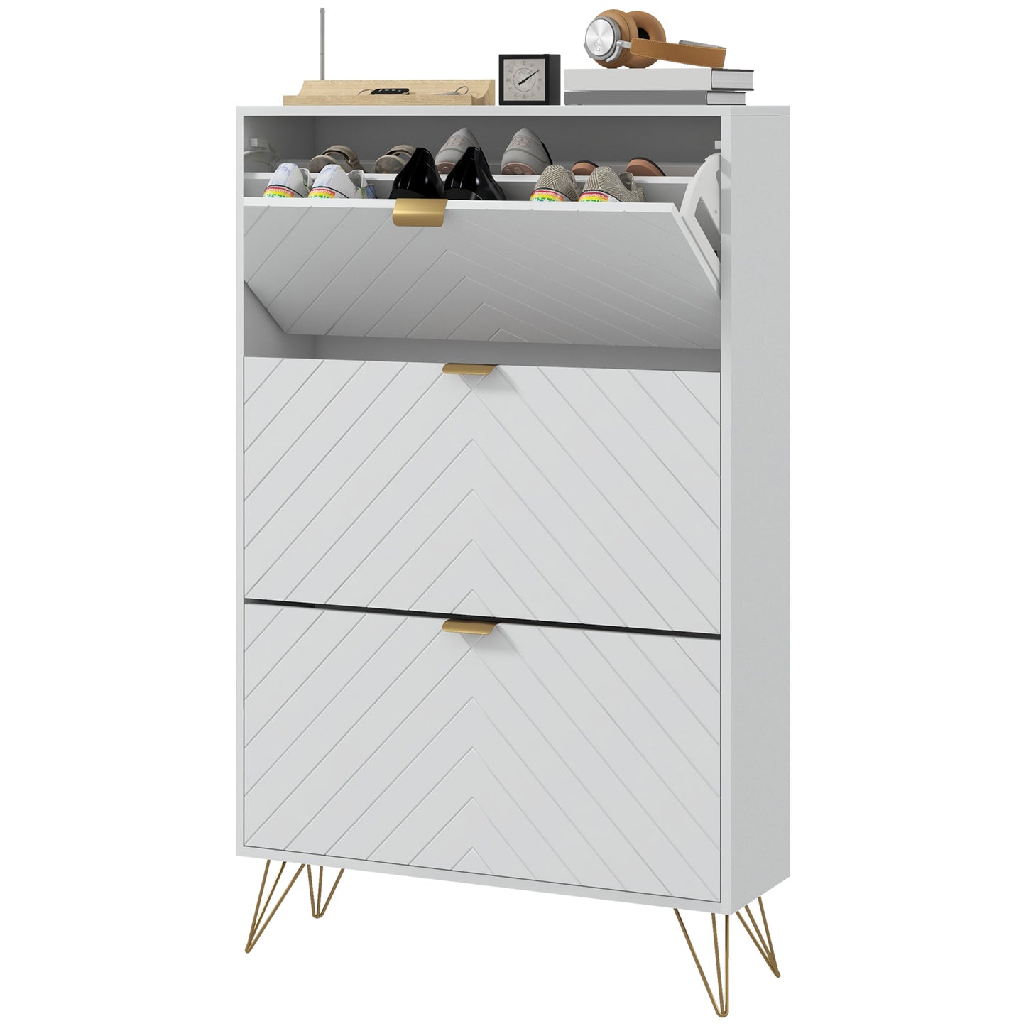 Shoe Sanctuary: Modern White Cabinet with 3 Flip Drawers, 8 Vents, Narrow Design for 18 Pairs, Entryway Organizer Kids Crystal
