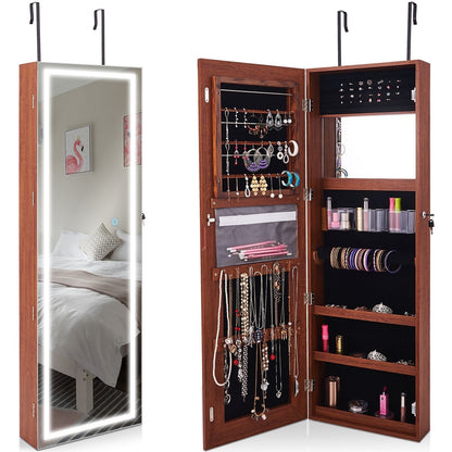 Door Wall Mount Touch Screen Mirrored Jewelry Cabinet-Brown