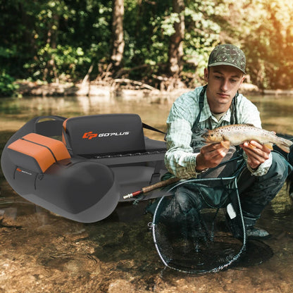 Inflatable Fishing Float Tube with Pump Storage Pockets and Fish Ruler-Gray