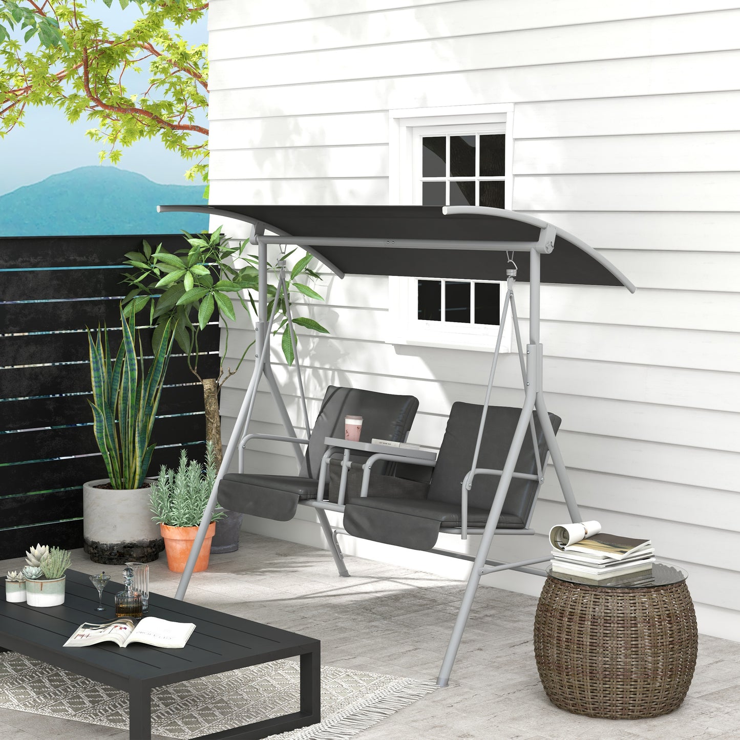 2-Seater Outdoor Porch Swing with Adjustable Canopy and Table, Patio Swing Chair for Garden, Poolside, Backyard, Grey Kids Crystal