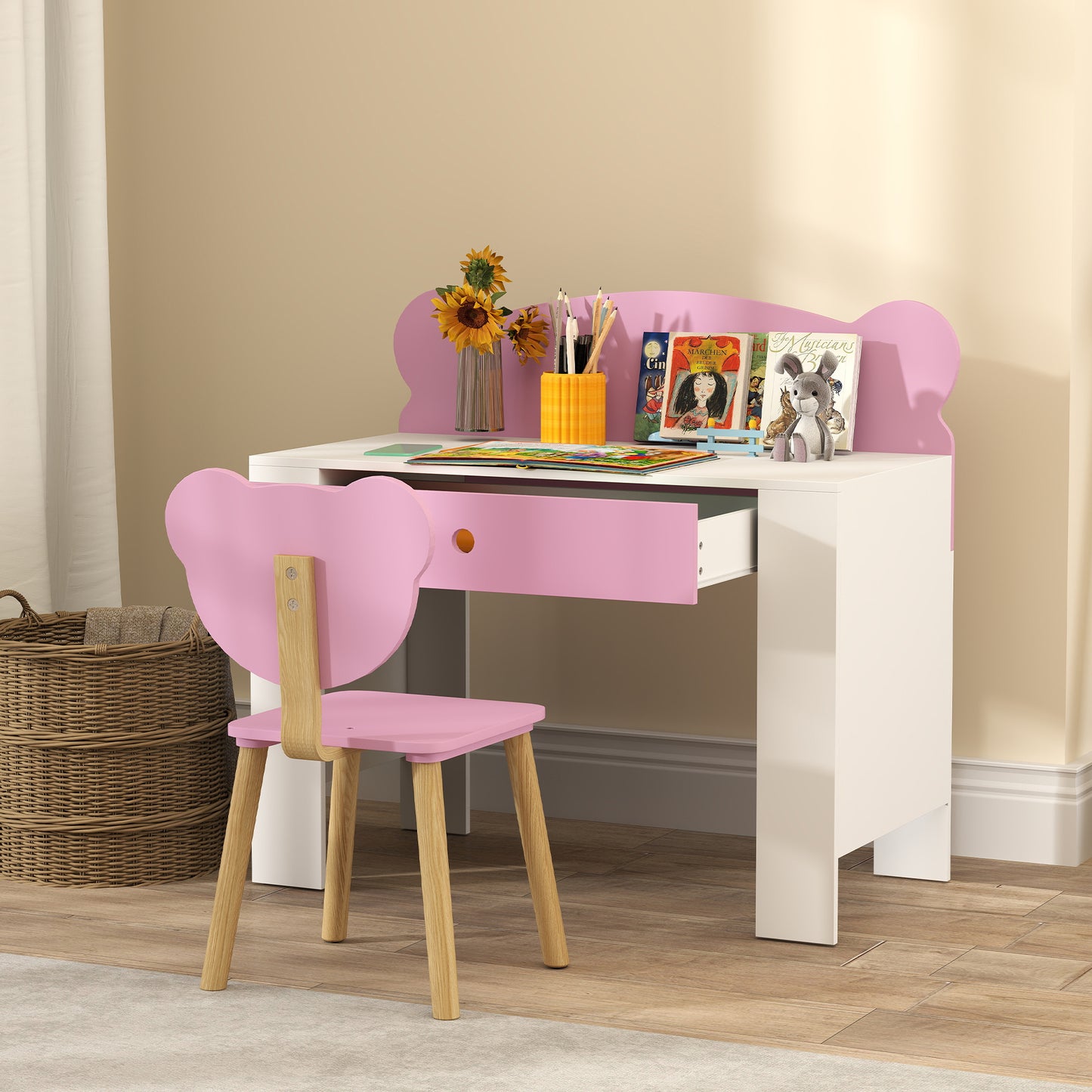Kids Desk and Chair Set with Drawer for Drawing, Reading, Bear Theme Children Furniture for Bedroom, Daycare, Pink Kids Crystal