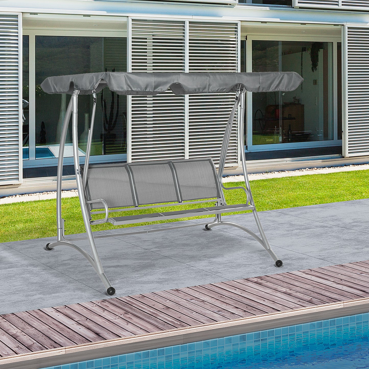 3 Person Patio Swing Seats with Adjustable Canopy Outdoor Swing Chair Bench for Garden, Poolside, Dark Grey Kids Crystal