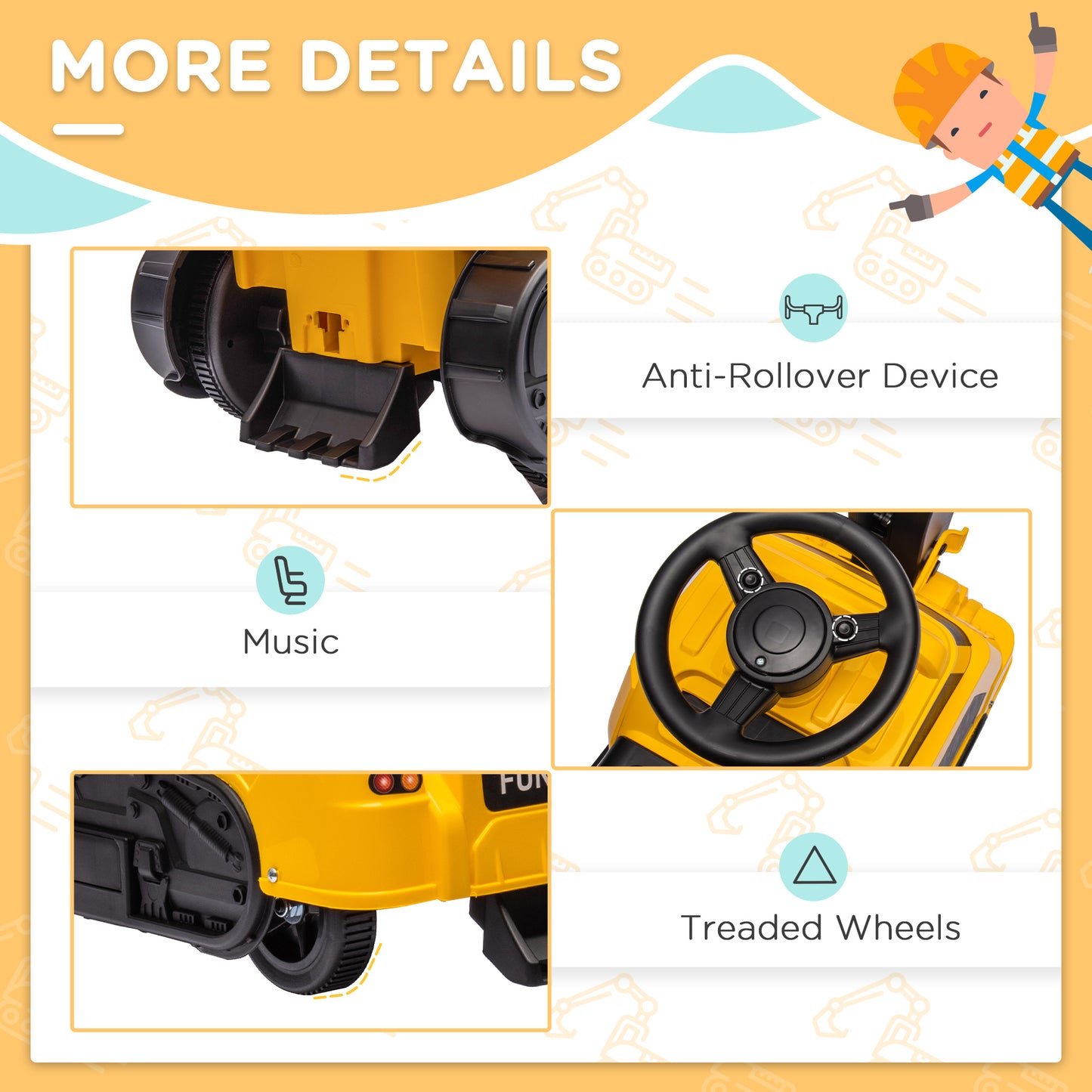 3 in 1 Kids Ride On Excavator Bulldozer Road Roller Pretend Play Construction Toy with Music Yellow for 18-48 Months Kids Crystal