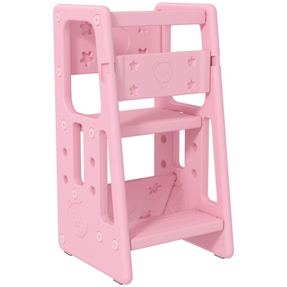 Toddler Kitchen Helper 2 Step Stool with Adjustable Height Platform and Safety Rail, Pink