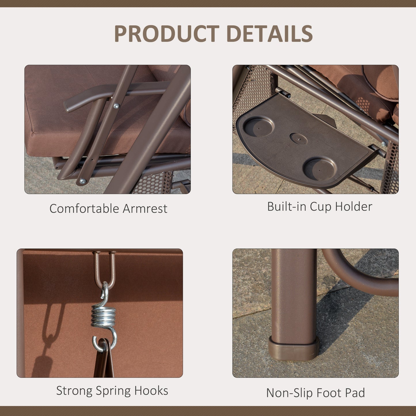 Outdoor 2-Person Patio Swing Chair Canopy Adjustable Shade Cushions Pillow Tray Brown Kids Crystal