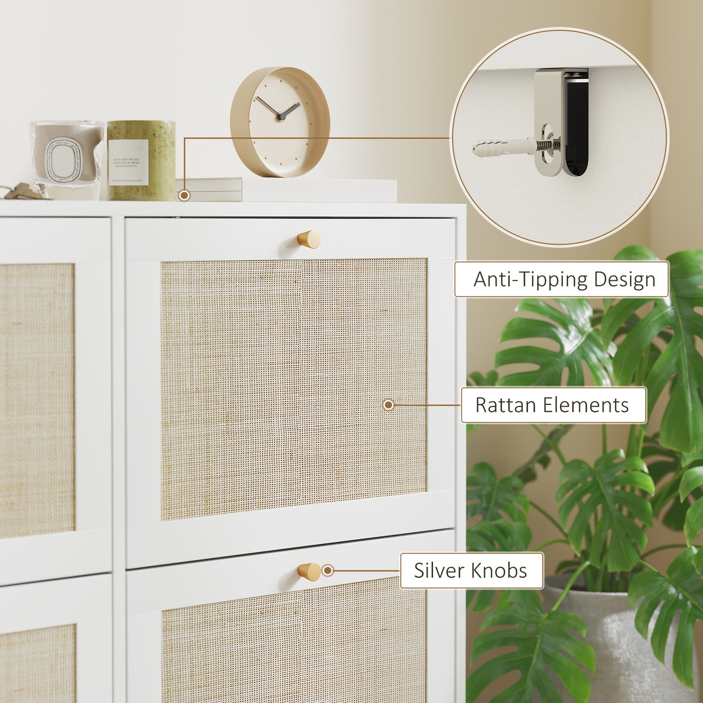 Narrow Shoe Storage Cabinet, Rattan Shoe Cabinet with 4 Flip Drawers and Adjustable Shelves for 20 Pairs, White Kids Crystal