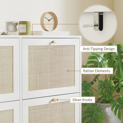 Narrow Shoe Storage Cabinet, Rattan Shoe Cabinet with 4 Flip Drawers and Adjustable Shelves for 20 Pairs, White
