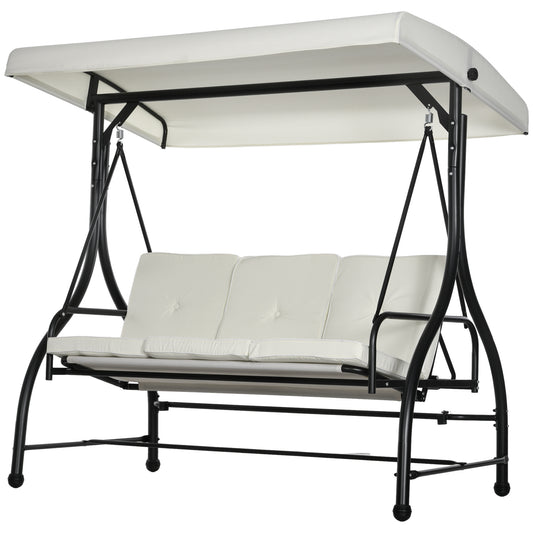 Convertible Patio Swing Bed with Canopy and Cushions, 3 Seater Porch Swing for Outdoor, Backyard, Garden, Cream White Kids Crystal