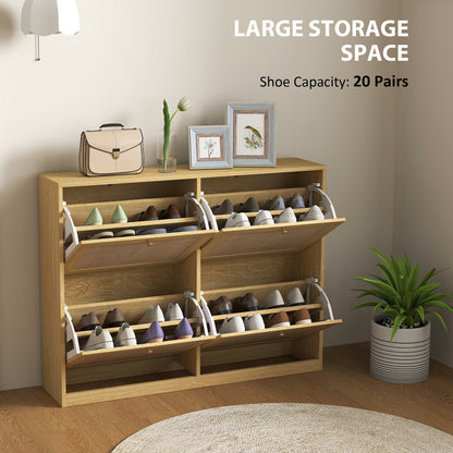 Narrow Shoe Storage Cabinet, Rattan Shoe Cabinet with 4 Flip Drawers and Adjustable Shelves for 20 Pairs, Oak