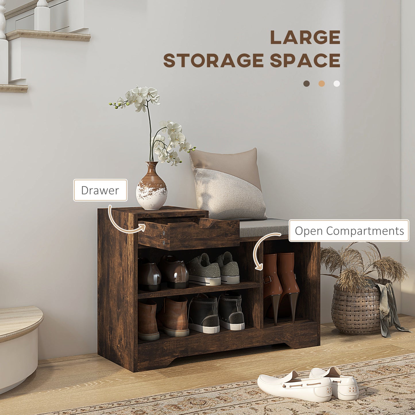 Upholstered Shoe Storage Bench Hallway Entryway Seat Drawer 3 Open Shelves Rustic Brown Wood Kids Crystal