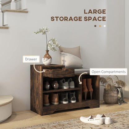 Upholstered Shoe Storage Bench Hallway Entryway Seat Drawer 3 Open Shelves Rustic Brown Wood