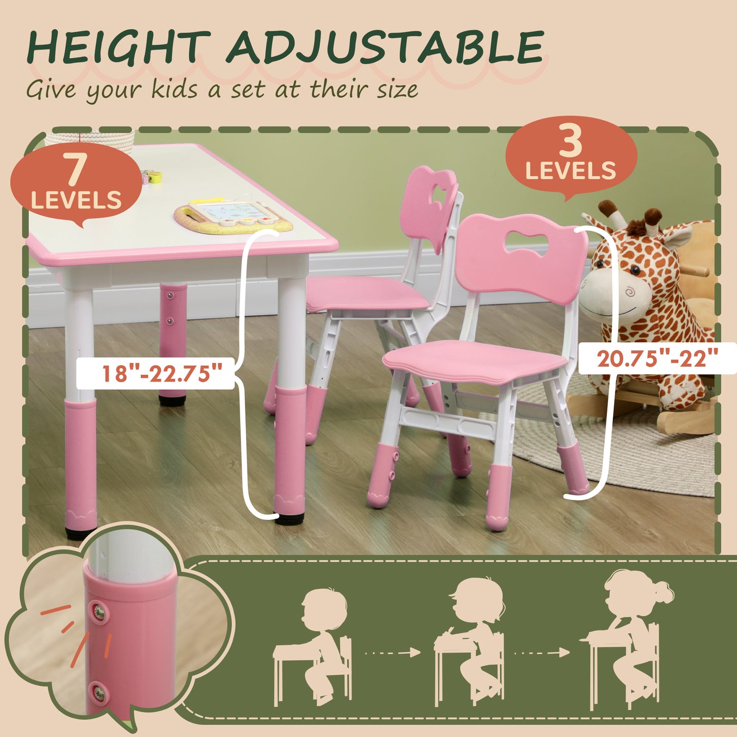 Kids Table & 4 Chair Set: Adjustable Height, Durable, Easy Clean for Toddlers in Pink Kids Crystal