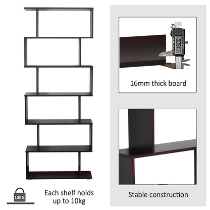 6-Tier S-Shape Wooden Bookcase: Storage Display Unit for Home Office Furniture, Black