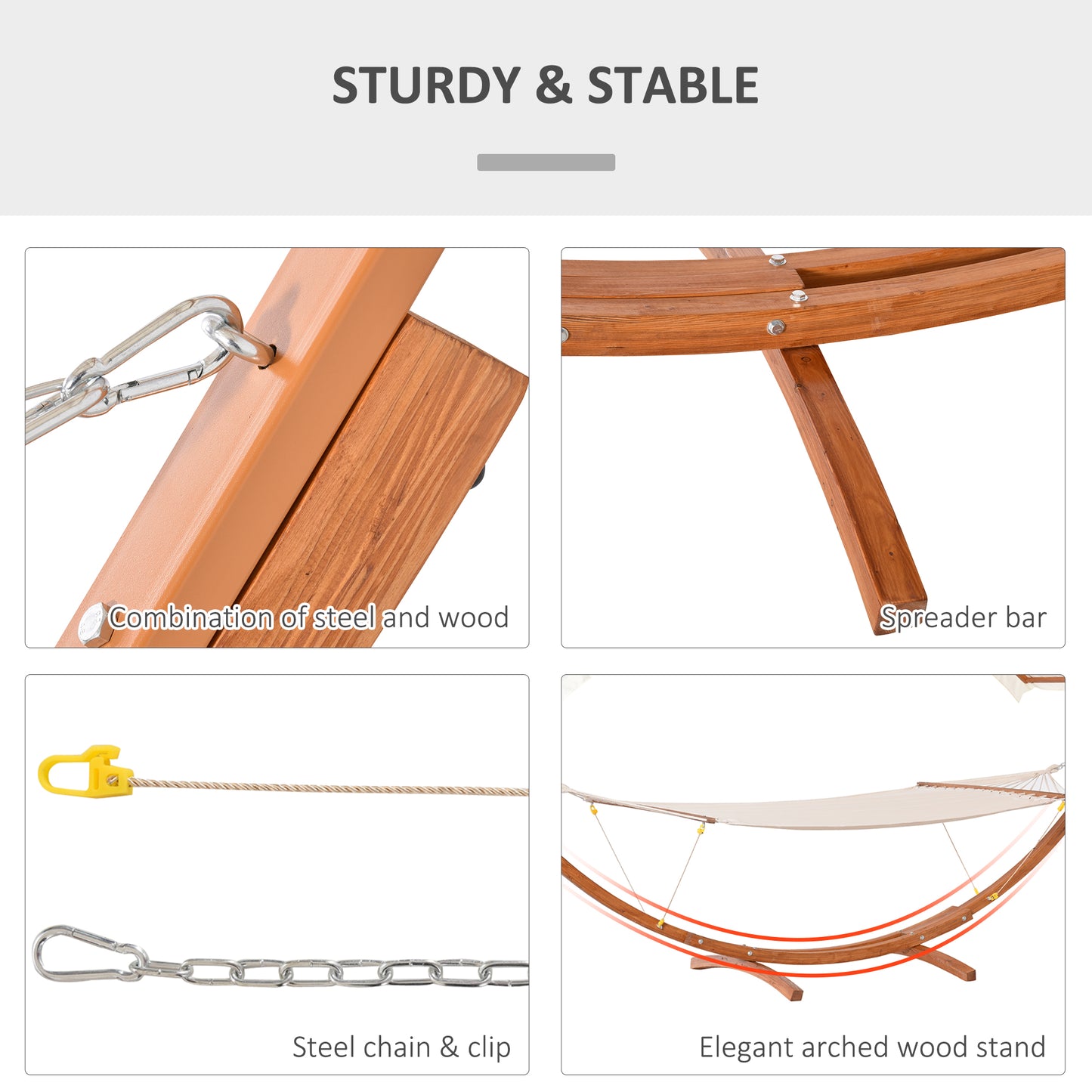 2 Person Wood Swing Arc Hammock Bed and Stand Set with Canopy, White/Teak Kids Crystal