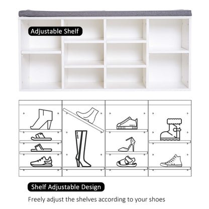 Shoe Bench with Storage, Upholstered Entryway Bench with Adjustable Shelves, Cushion for Living Room, Hallway, White