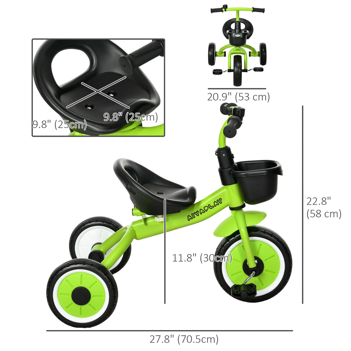Kids Tricycle: Adjustable Seat 2-5 Years, Basket, Bell, for Girls/Boys, Green, Toddler Trike Kids Crystal