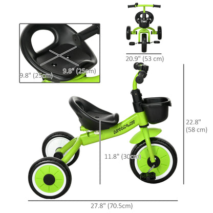 Kids Tricycle: Adjustable Seat 2-5 Years, Basket, Bell, for Girls/Boys, Green, Toddler Trike