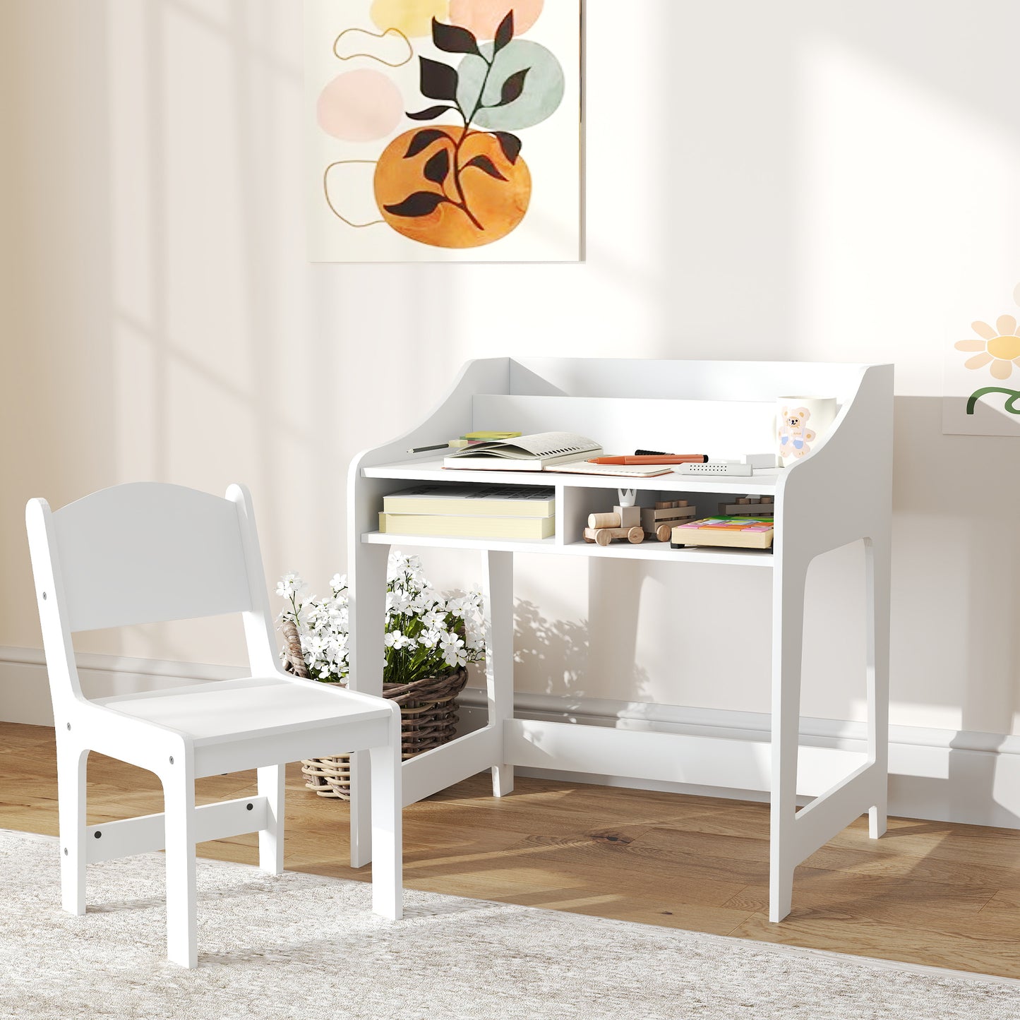 Kids Desk and Chair Set with Storage, Shelves for Bedroom, 3-8 Years Old, White Kids Crystal