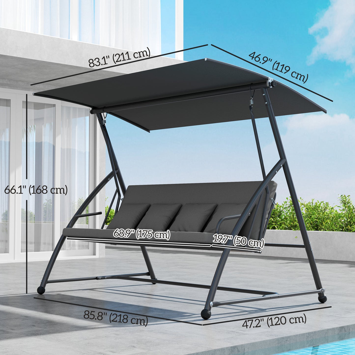 Patio Swing Chair, 3 Person Convertible Hammock, Outdoor Swing Lounge Bed, Cushioned with Tilt Canopy, Dark Grey Kids Crystal