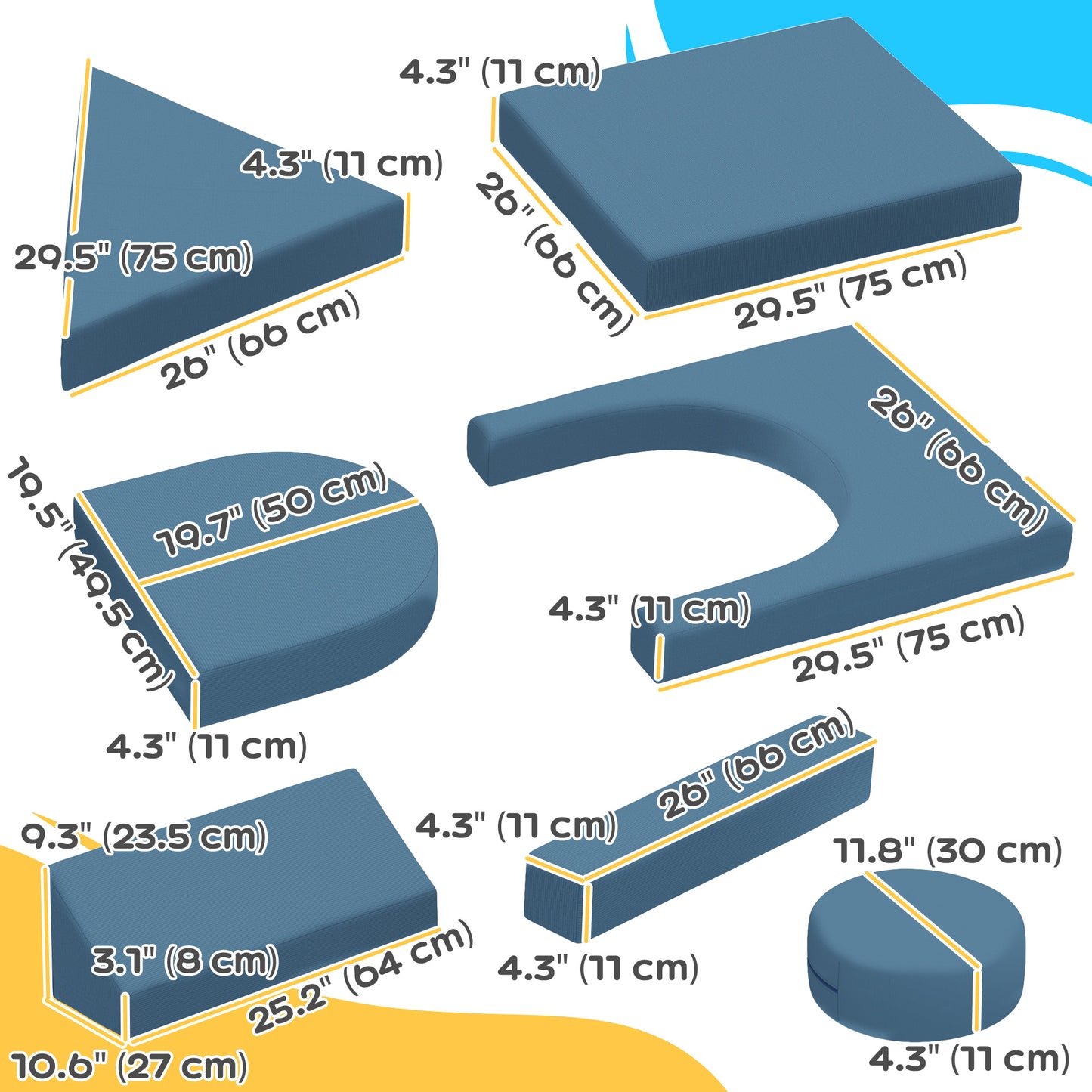12-Piece Modular Kids Play Couch Building Fort for Playroom Bedroom, Convertible Kids Sofa, Blue