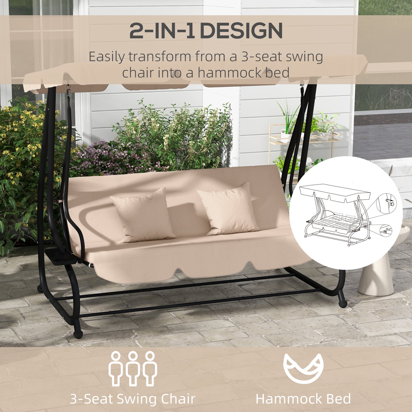 3-Seat Outdoor Patio Swing Chair, Converting Flat Bed, Canopy Swing with Adjustable Shade, Cup Holder, Light Brown Kids Crystal