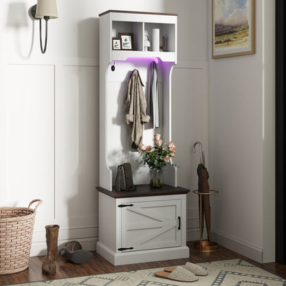 3-in-1 Hall Tree with LED Lights and Bench, Coat Rack with Shoe Storage, White Wood Grain