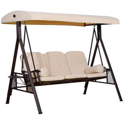 3 Seater Porch Swing Heavy Duty Outdoor Swing Chair Outdoor Lounge Hammock Cushioned Seat with Tilt Canopy, Beige