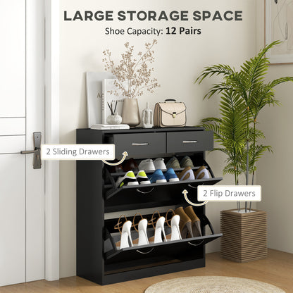 Shoe Storage Cabinet 12 Pairs Adjustable Shelves 2 Drawers Space Saving Compact Black