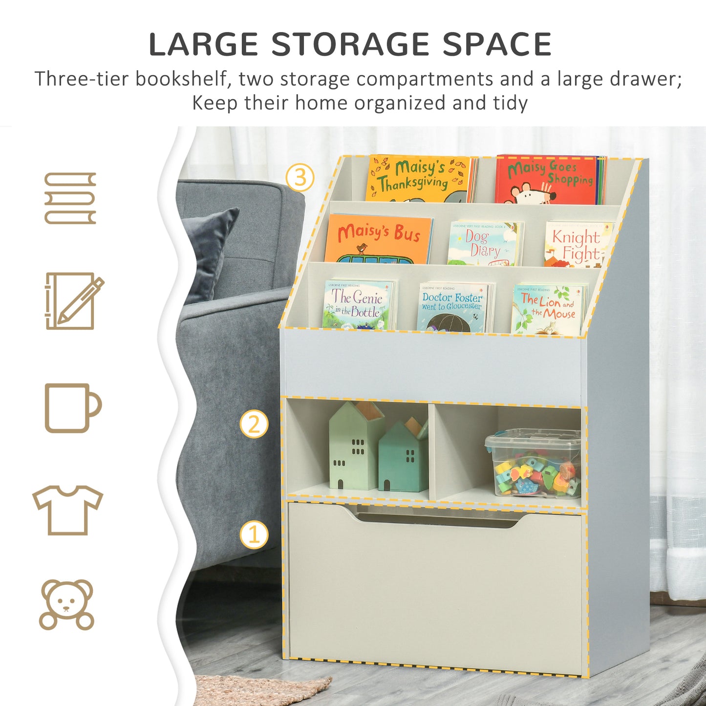 Kids Bookcase Multi Shelf Rack Organizer Storage Drawer Reading Nook Classroom Bedroom Playroom Grey Kids Crystal