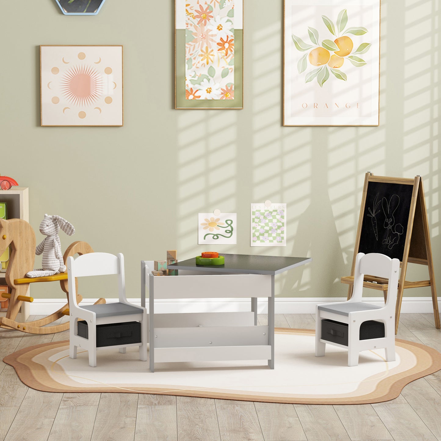3-Piece Kids Playroom Set with Reversible Tabletop, Blackboard, Storage & Bookshelf in Grey