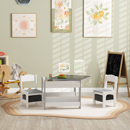 3-Piece Kids Playroom Set with Reversible Tabletop, Blackboard, Storage & Bookshelf in Grey