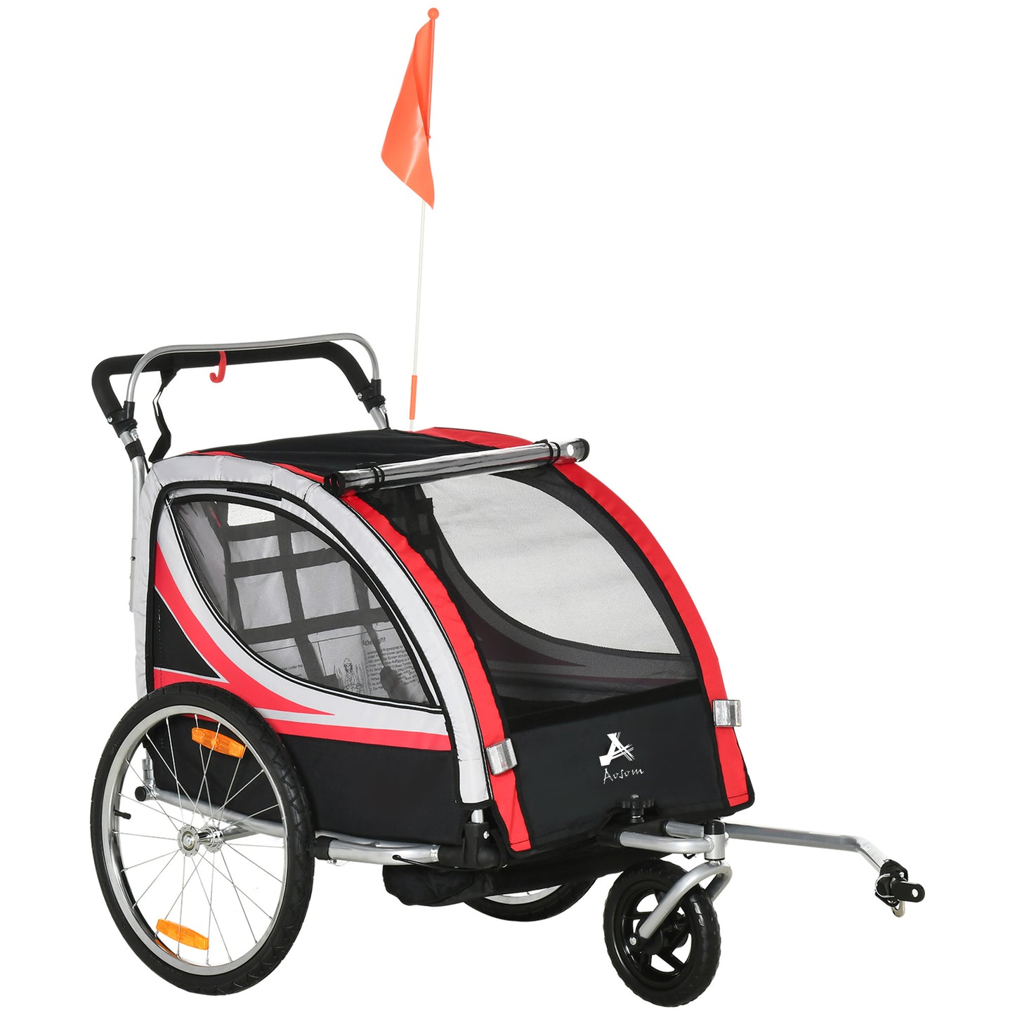 2-in-1 Child Bike Trailer & Stroller, Safety Brake, Storage, Reflective, Red, 5-Point Harness Kids Crystal