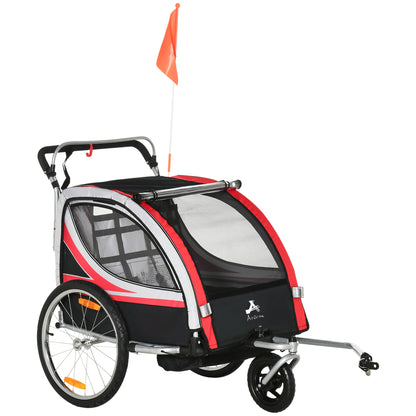 2-in-1 Child Bike Trailer & Stroller, Safety Brake, Storage, Reflective, Red, 5-Point Harness