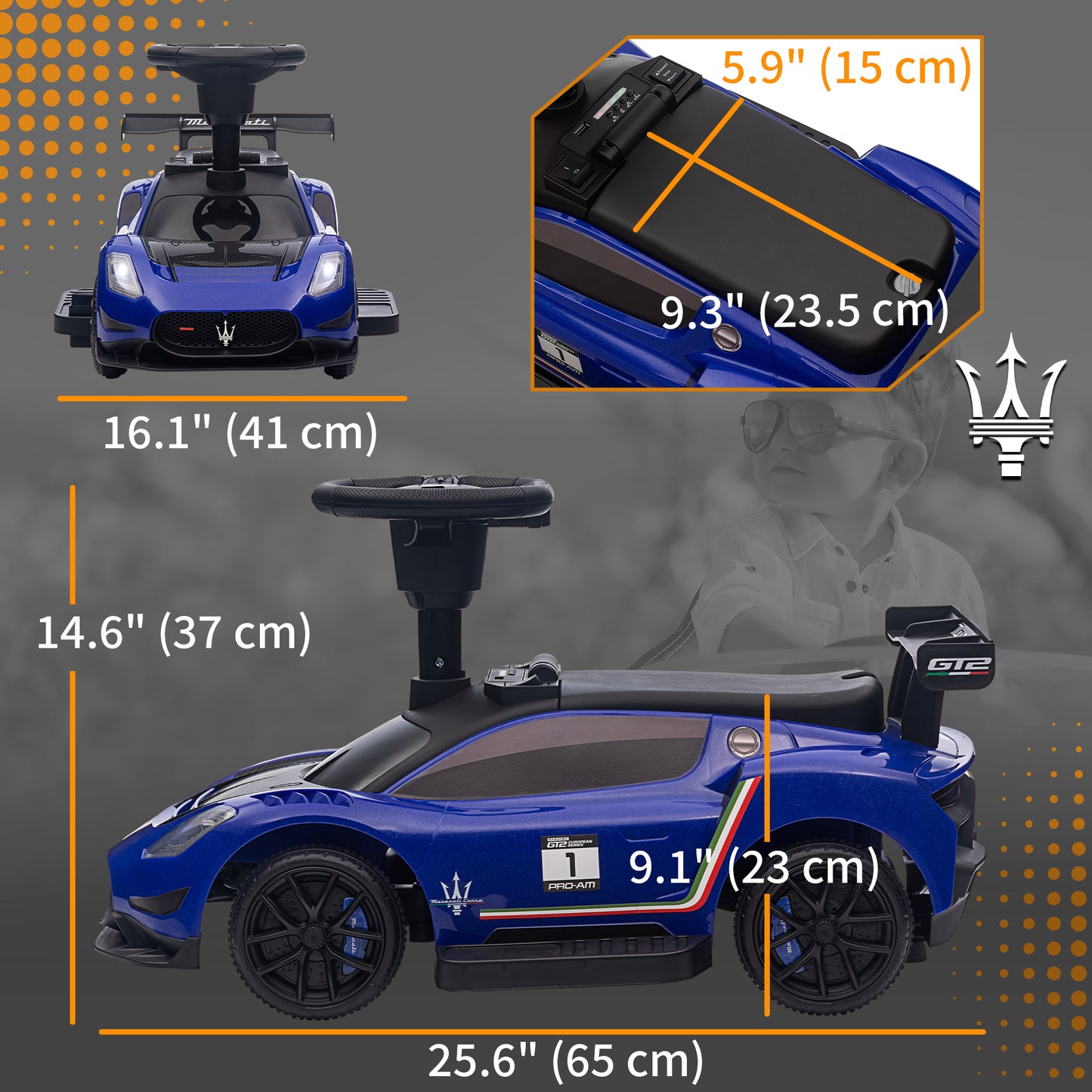 6V Maserati GT2 Licensed Electric Car for Kids, Ride on Car with Under Seat Storage, LED Headlights Music, Blue Kids Crystal