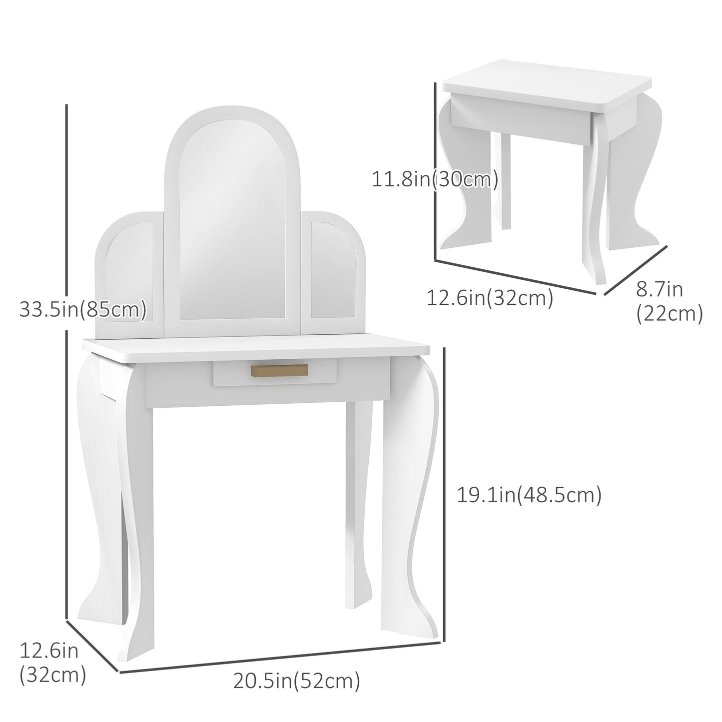 Kids Dressing Table and Chair Set, Girls Dressing Set, Makeup Desk with Drawer for 3-6 Years Old Kids, White Kids Crystal