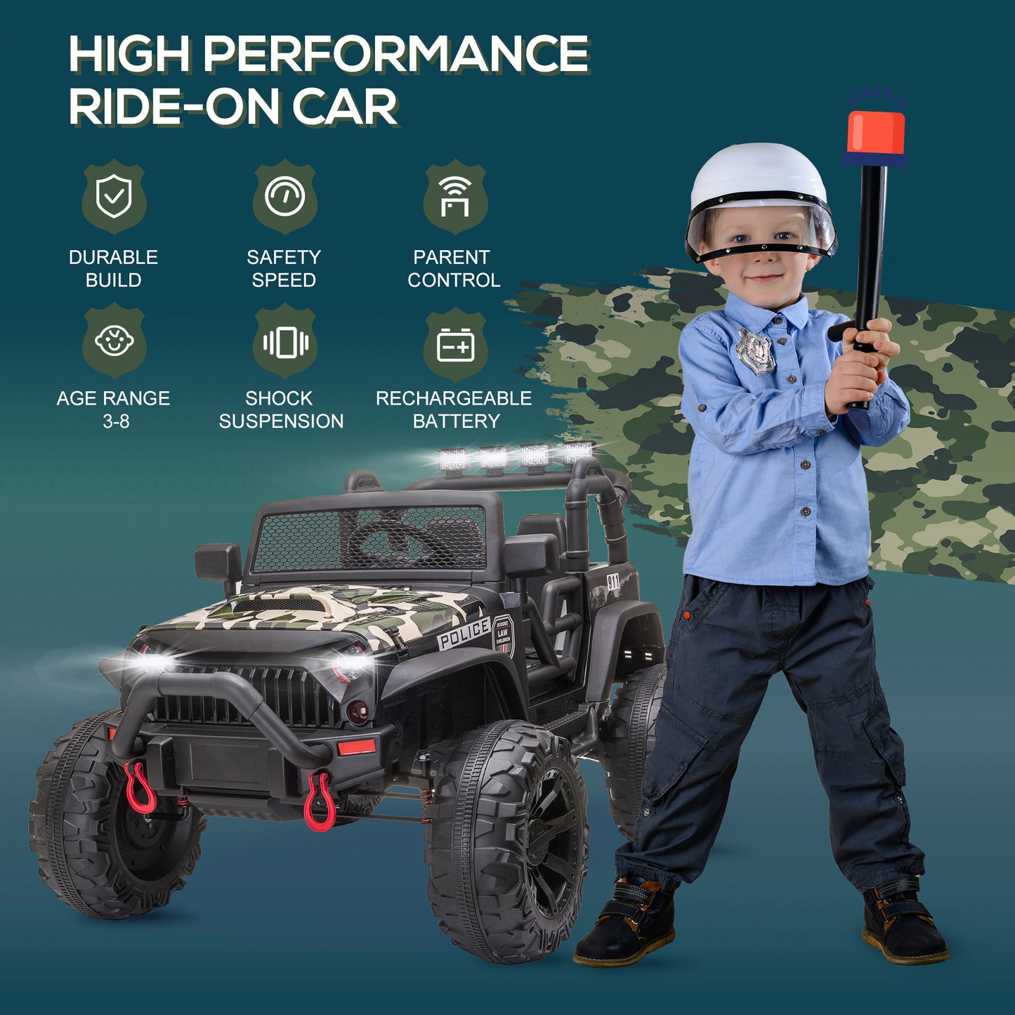 12V Kids Police Ride-On: 2-Seater SUV, Remote Control, Bluetooth, Camouflage Kids Crystal