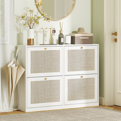 Narrow Shoe Storage Cabinet, Rattan Shoe Cabinet with 4 Flip Drawers and Adjustable Shelves for 20 Pairs, White
