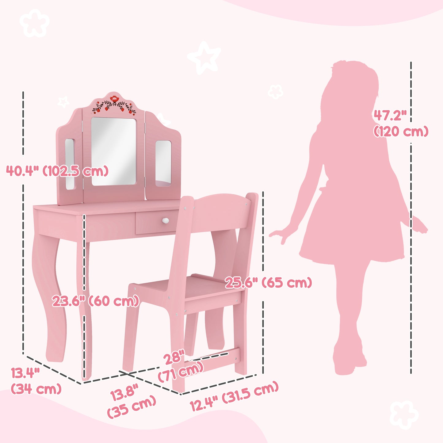 Kids Vanity Set, Dual-Use Dressing Table with Removable Tri-Folding Mirror and Drawer, for Ages 3-8, Pink Kids Crystal