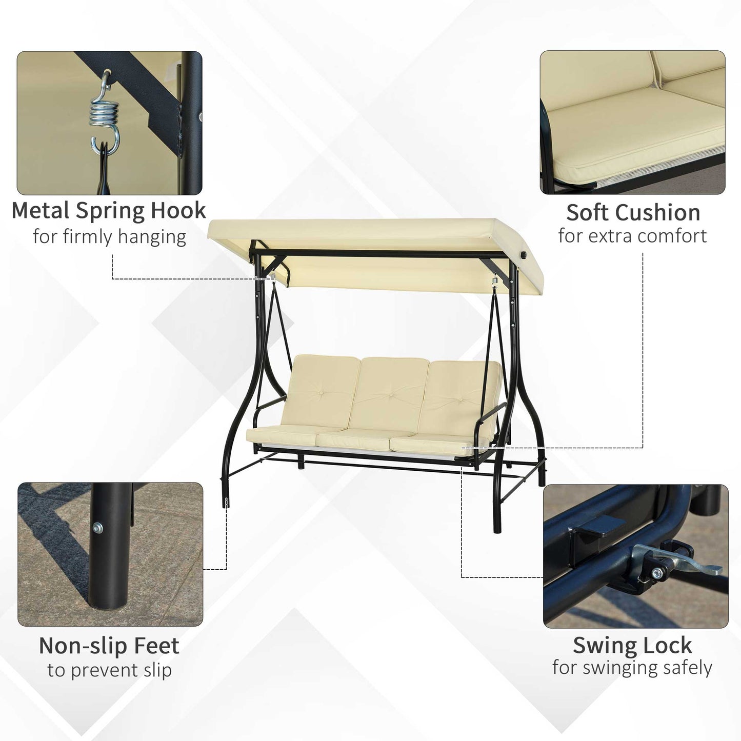 Convertible Patio Swing Bed with Canopy and Cushions, 3 Seater Porch Swing for Outdoor, Backyard, Garden, Beige Kids Crystal