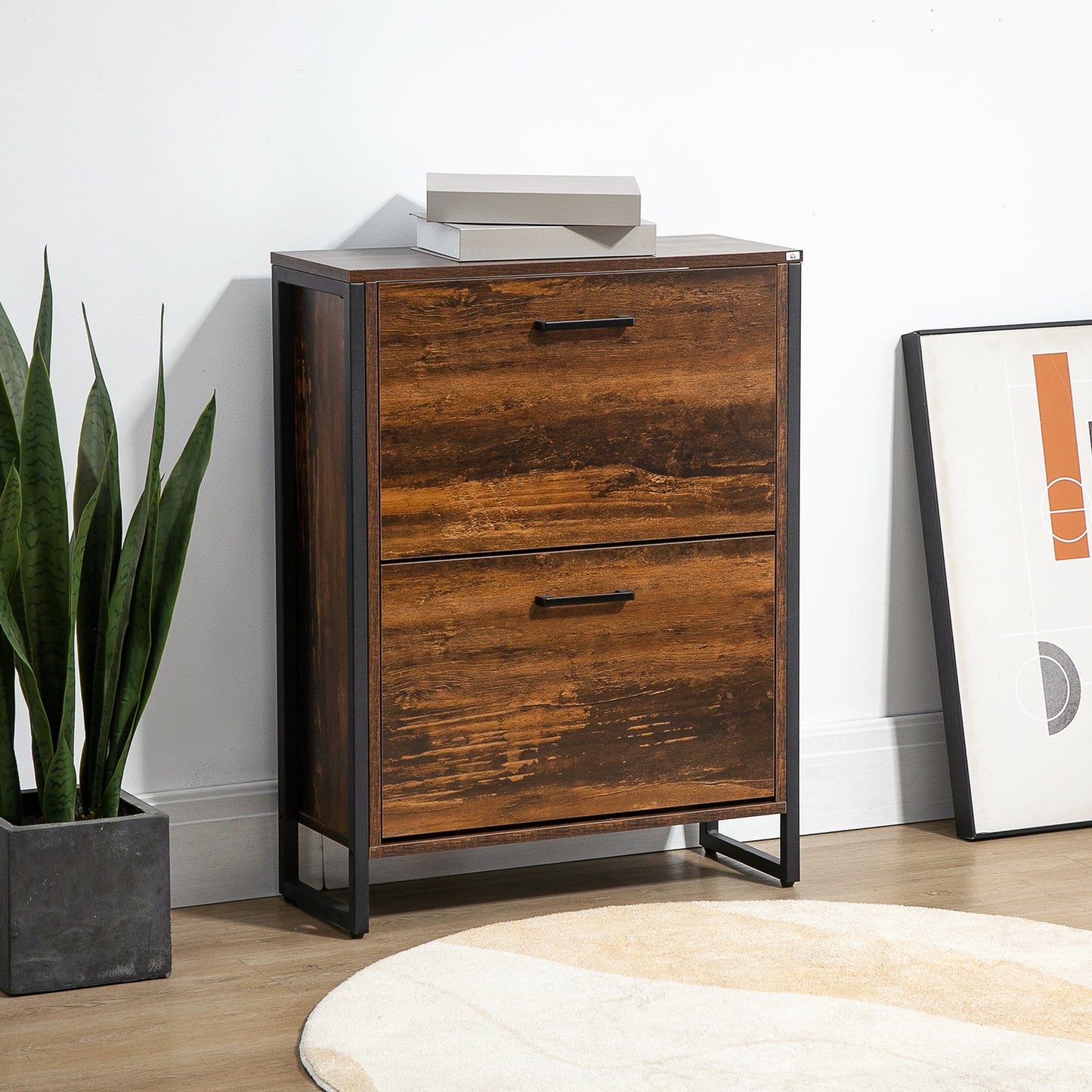 Space-Saving Slim Shoe Cabinet with 2 Flip Doors and 2-Drawer for 12 Pairs, Brown Finish Kids Crystal