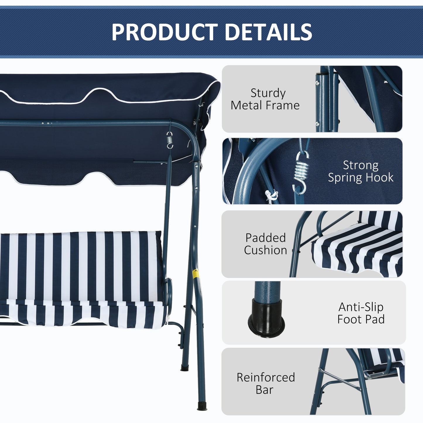 3-Seater Patio Swing Chair Outdoor Porch Swing with Adjustable Canopy Cushion Blue Kids Crystal