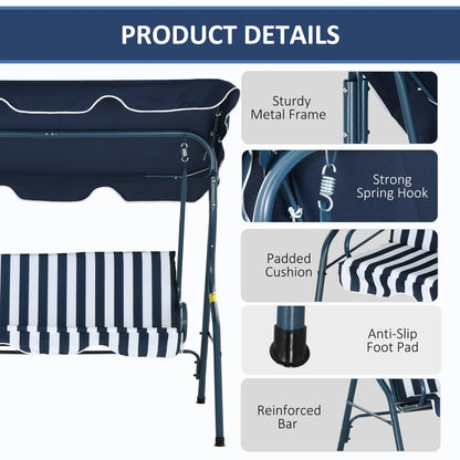 3-Seater Patio Swing Chair Outdoor Porch Swing with Adjustable Canopy Cushion Blue