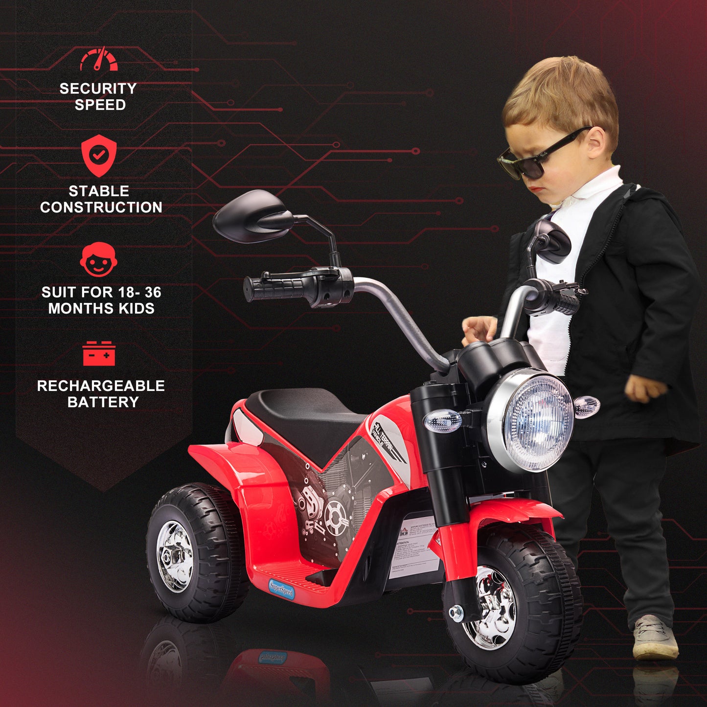 6V Electric Kids Motorcycle Ride-On Dirt Bike 3-Wheels with Horn Headlights Red for Toddlers Kids Crystal