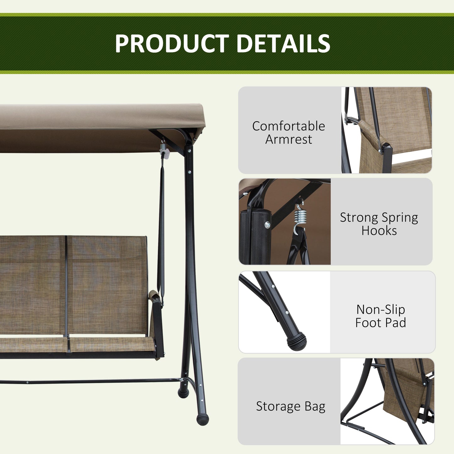 3 Person Porch Swing Outdoor Swing Chair with High Back Design, Side Pouches and Adjustable Canopy, Brown Kids Crystal
