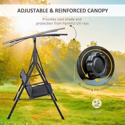 2 Person Porch Swing Chair 2 Seater Patio Swing Bench with Adjustable Canopy Breathable Seat for Garden Poolside Black